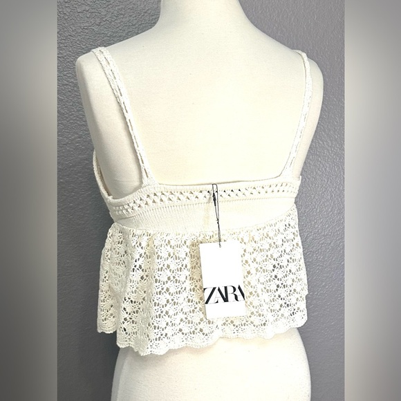 ZARA Crochet Crop Top Size Small Ivory Boho Stretch Knit Tank Top Women's, NWT - Picture 6 of 10